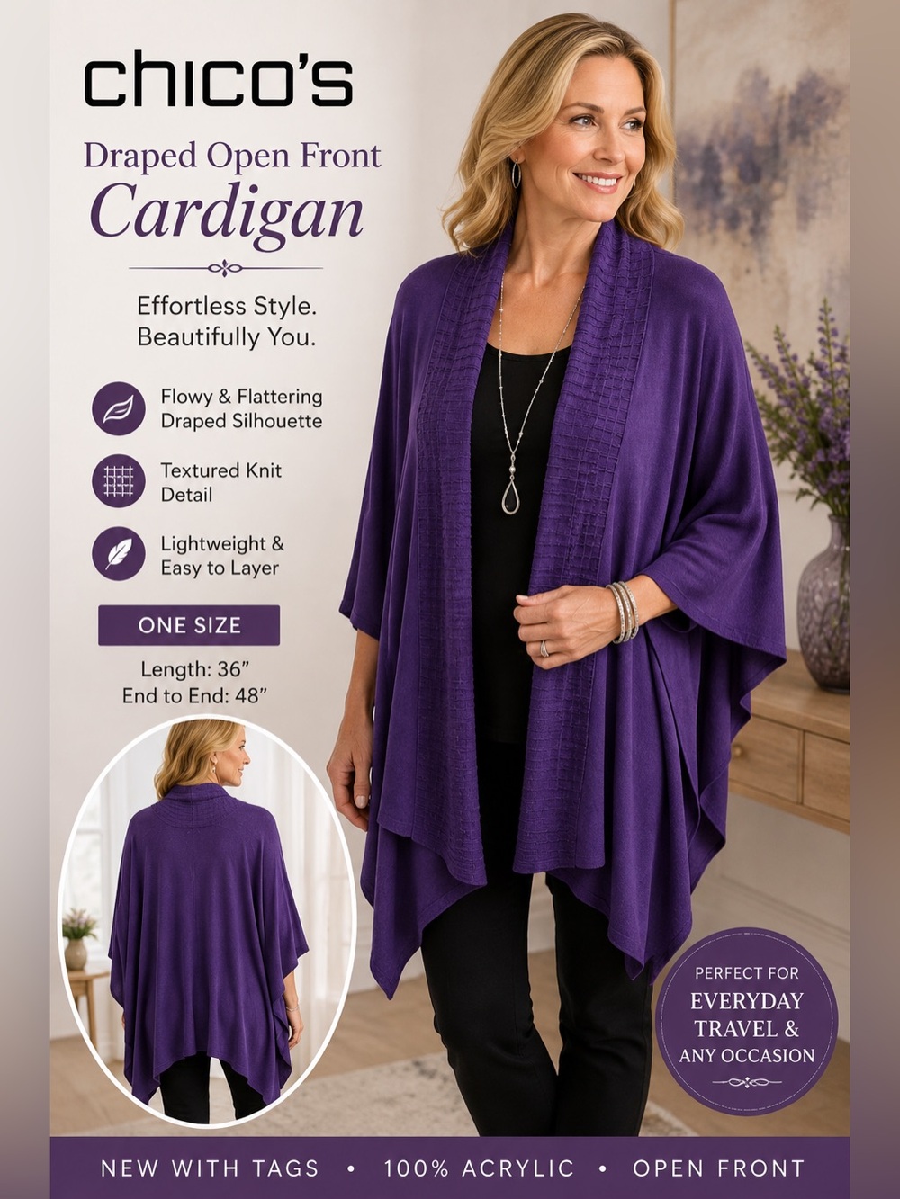 Chico’s Purple Open Front Cardigan Poncho NWT One Size Draped Knit